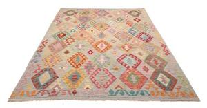 Tappeto Kilim Stilizzato Azzurro Rosso Corallo 186x244 Cm