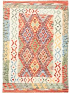 Tappeto Kilim Geometrico Avorio Rosso Corallo 127x175 Cm