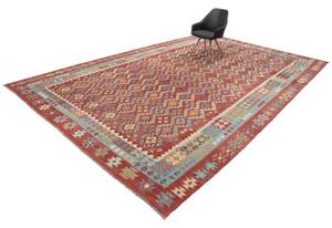 Tappeto Kilim Geometrico Rosso Mattone Azzurro 312x499 Cm