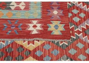 Tappeto Kilim Geometrico Rosso Mattone Azzurro 312x499 Cm