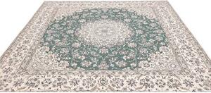 Tappeto Nain 9la Medaglione Floreale Verde Petrolio Avorio Quadrato 251x253 Cm