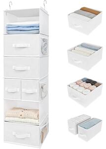 Organizzatore da appendere con 5 cassetti e 6 tasche laterali, colore bianco, realizzato in tessuto non tessuto, dimensioni 31x35x118,4 cm