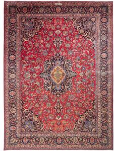 Tappeto Mashad Medaglione Floreale Rosso Blu Scuro 292x405 Cm