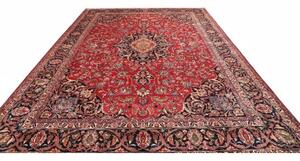 Tappeto Mashad Medaglione Floreale Rosso Blu Scuro 292x405 Cm