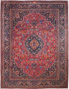 Tappeto Mashad Medaglione Floreale Rosso Blu Scuro 302x384 Cm