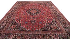 Tappeto Mashad Medaglione Floreale Rosso Blu Scuro 302x384 Cm