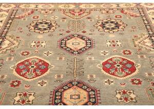 Tappeto Kazak Washed Geometrico Grigio Rosso 201x297 Cm