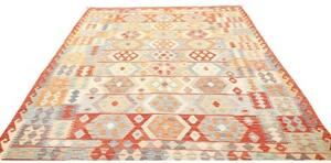 Tappeto Kilim Geometrico Arancione Azzurro 203x294 Cm