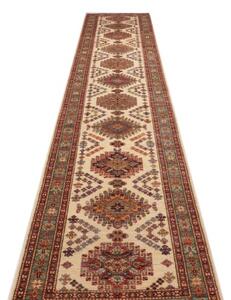 Tappeto Kazak Fine Geometrico Avorio Rosso Ruggine Corsia 79x404 Cm