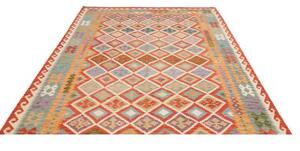 Tappeto Kilim Stilizzato Rosso Ruggine Azzurro 205x298 Cm
