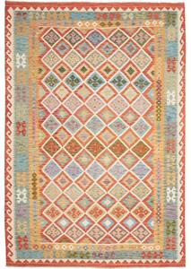 Tappeto Kilim Stilizzato Rosso Ruggine Azzurro 205x298 Cm
