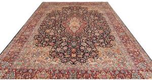 Tappeto Kerman Medaglione Floreale Blu Scuro Rosso Cremisi 272x387 Cm