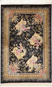 Tappeto Ghom Seta Figurativo Nero Beige 60x92 Cm