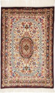 Tappeto Ghom Seta Medaglione Floreale Avorio Bordeaux 61x90 Cm