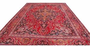 Tappeto Mashad Medaglione Floreale Rosso Blu Scuro 303x390 Cm