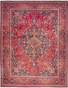 Tappeto Mashad Medaglione Floreale Rosso Blu Scuro 303x390 Cm