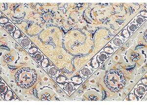 Tappeto Kashan Medaglione Floreale Verde Salvia Blu Notte 205x323 Cm