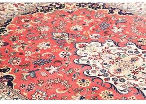 Tappeto Kashan Medaglione Floreale Rosso Corallo Blu Scuro 196x293 Cm
