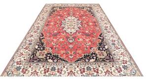 Tappeto Kashan Medaglione Floreale Rosso Corallo Blu Scuro 196x293 Cm