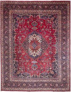 Tappeto Mashad Medaglione Floreale Rosso Blu Scuro 318x408 Cm
