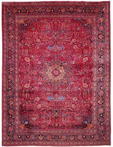 Tappeto Mashad Medaglione Floreale Rosso Blu Scuro 303x400 Cm