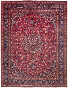 Tappeto Mashad Medaglione Floreale Rosso Blu Scuro 290x375 Cm