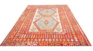 Tappeto Kilim Geometrico Rosso Ruggine Azzurro Cielo 213x290 Cm
