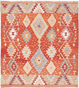 Tappeto Kilim Geometrico Rosso Multicolore Quadrato 148x162 Cm