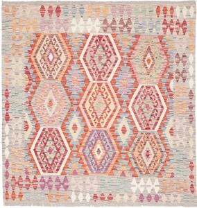 Tappeto Kilim Stilizzato Rosso Beige Quadrato 147x153 Cm