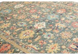 Tappeto Kazak Fine Stilizzato Verde Petrolio Rosso Corallo 279x370 Cm