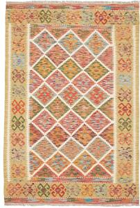 Tappeto Kilim Stilizzato Giallo Senape Rosso Corallo 129x191 Cm