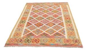 Tappeto Kilim Stilizzato Giallo Senape Rosso Corallo 129x191 Cm