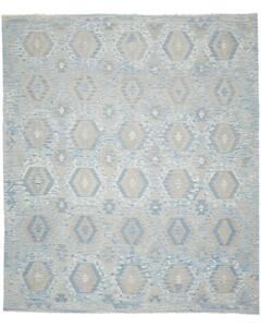Tappeto Kilim Geometrico Celeste Grigio Chiaro 267x305 Cm
