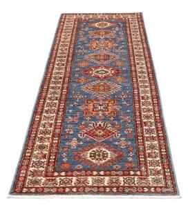Tappeto Kazak Fine Geometrico Blu Rosso Ruggine Corsia 83x245 Cm