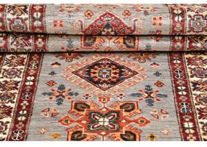 Tappeto Kazak Fine Stilizzato Grigio Chiaro Rosso Mattone Corsia 80x244 Cm