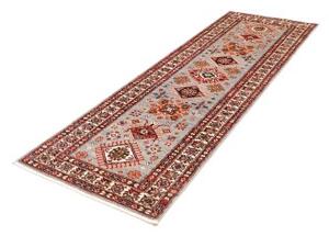Tappeto Kazak Fine Geometrico Grigio Chiaro Bordeaux Corsia 84x245 Cm