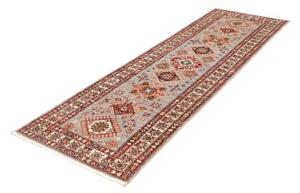 Tappeto Kazak Fine Stilizzato Grigio Chiaro Rosso Mattone Corsia 80x244 Cm