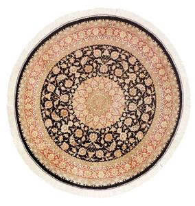 Tappeto Ghom Seta Medaglione Floreale Nero Rosso Mattone Rotondo 98x98 Cm