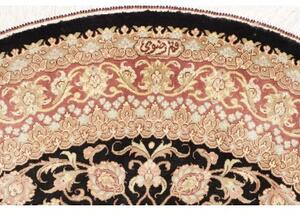 Tappeto Ghom Seta Medaglione Floreale Nero Rosso Mattone Rotondo 98x98 Cm
