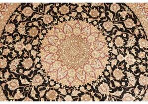 Tappeto Ghom Seta Medaglione Floreale Nero Rosso Mattone Rotondo 98x98 Cm