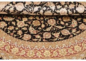 Tappeto Ghom Seta Medaglione Floreale Nero Rosso Mattone Rotondo 98x98 Cm