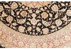 Tappeto Ghom Seta Medaglione Floreale Nero Rosso Mattone Rotondo 98x98 Cm