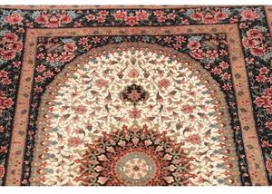 Tappeto Ghom Seta Medaglione Floreale Avorio Blu Scuro 80x122 Cm