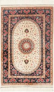 Tappeto Ghom Seta Medaglione Floreale Avorio Blu Scuro 80x122 Cm