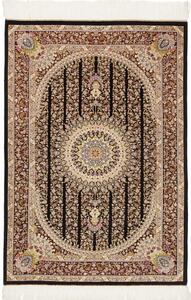 Tappeto Ghom Seta Medaglione Floreale Nero Bordeaux 80x118 Cm