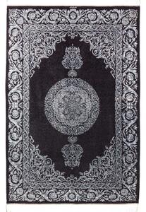 Tappeto Ghom Seta Medaglione Floreale Nero Bianco 135x200 Cm