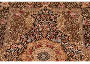 Tappeto Ghom Seta Medaglione Floreale Marrone Scuro Beige 81x118 Cm