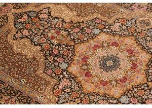 Tappeto Ghom Seta Medaglione Floreale Marrone Scuro Beige 81x118 Cm