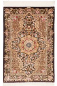 Tappeto Ghom Seta Medaglione Floreale Marrone Scuro Beige 81x118 Cm