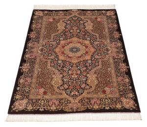 Tappeto Ghom Seta Medaglione Floreale Marrone Scuro Beige 81x118 Cm